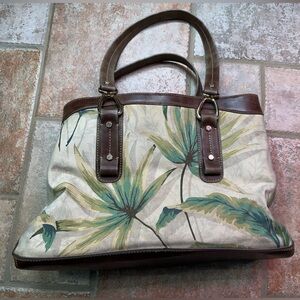 Leaf Pattern Tote Bag with Brown Trim